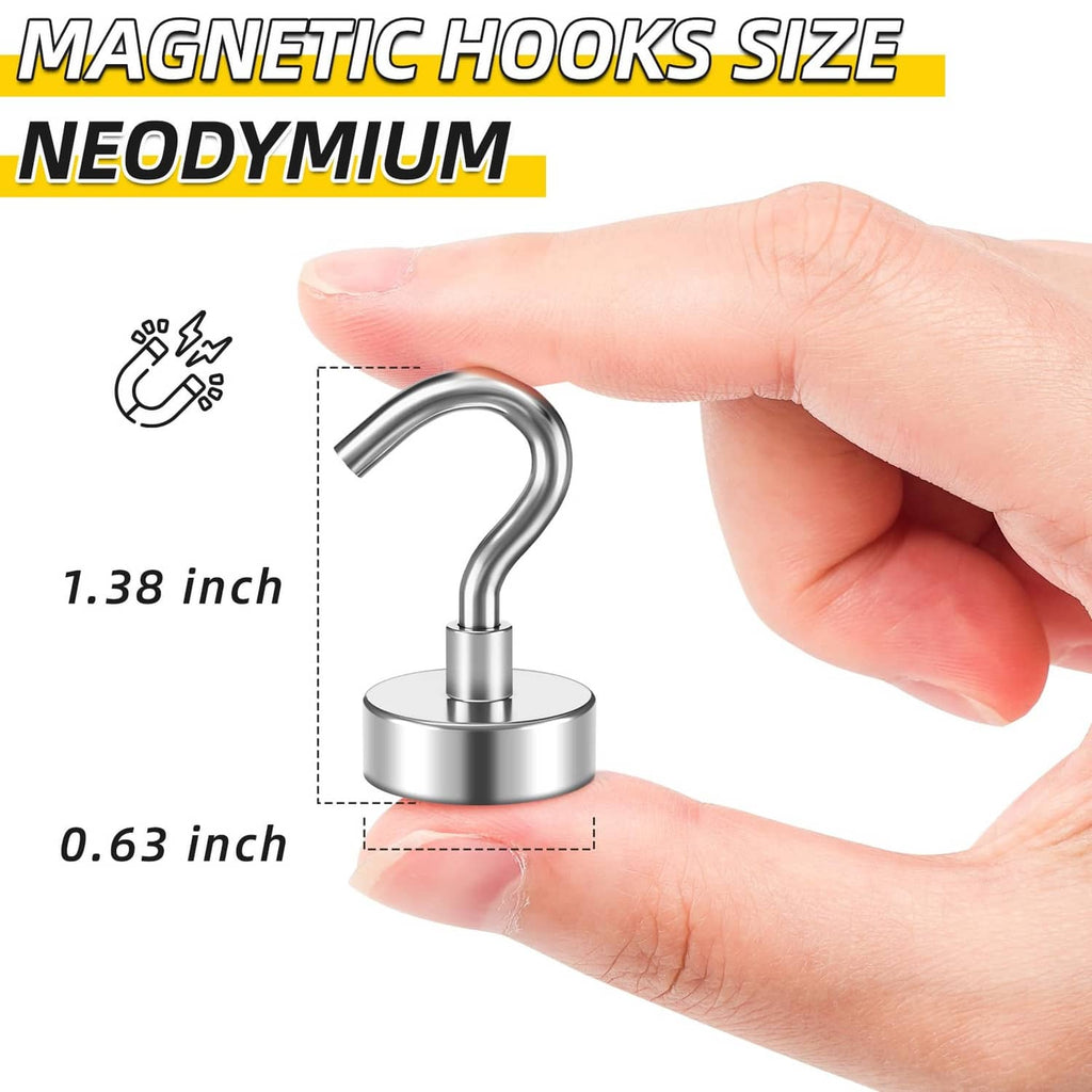 Silver magnetic S-hook with round base; hand shows hook size