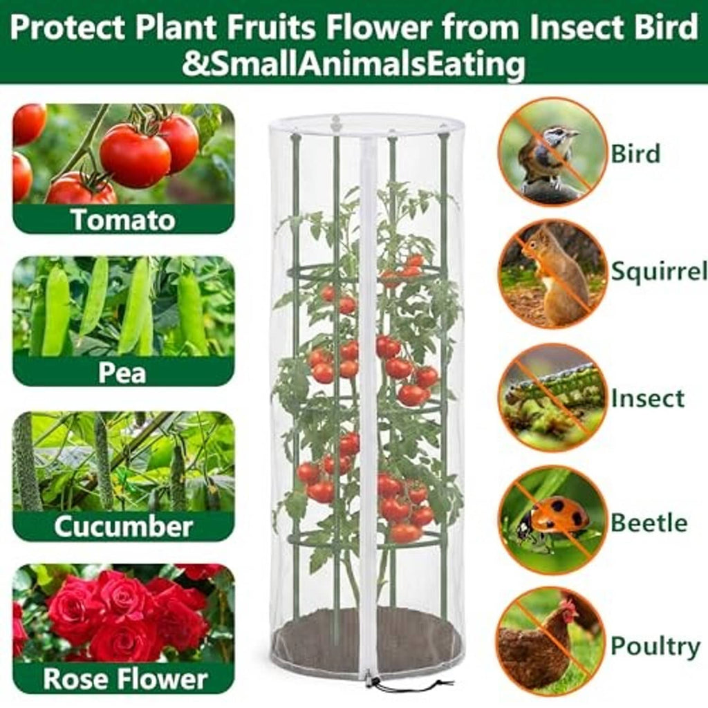 White mesh bird netting cover for plants, shown with bird and insect icons