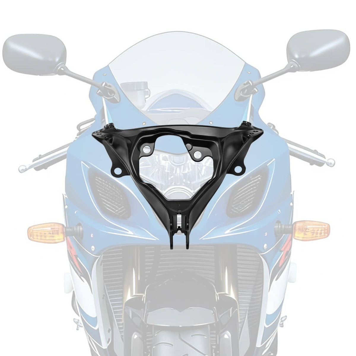 Black headlight stay bracket installed on a sport motorcycle front fairing
