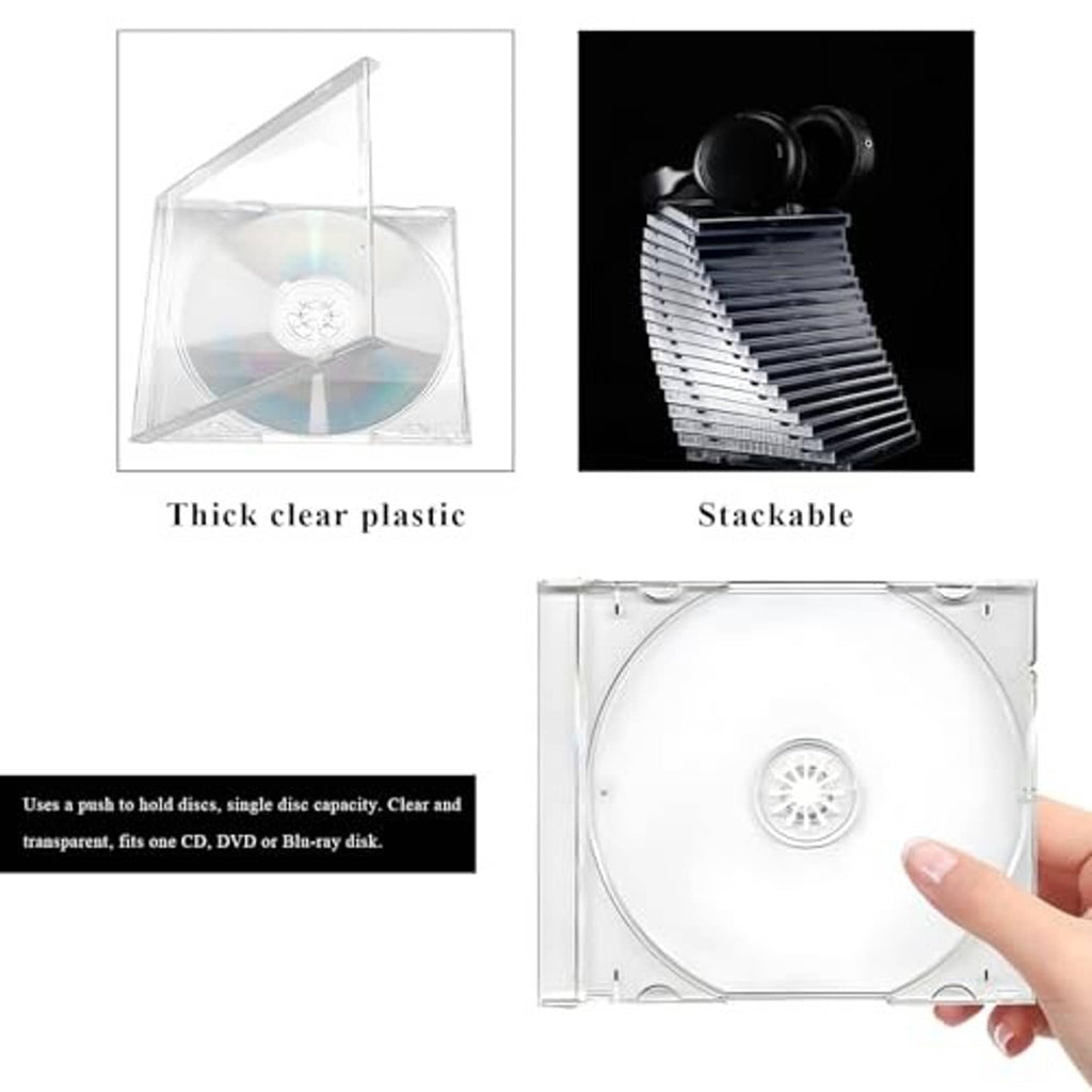 Clear CD jewel case with disc visible through thick transparent plastic; stackable design.