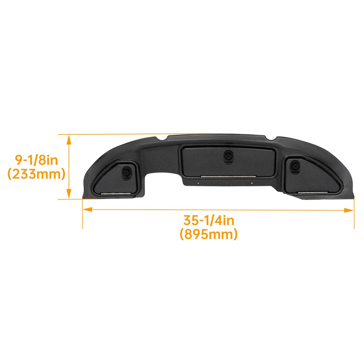 Dash kit panel for golf cart, dark carbon fiber texture; labeled dimensions shown