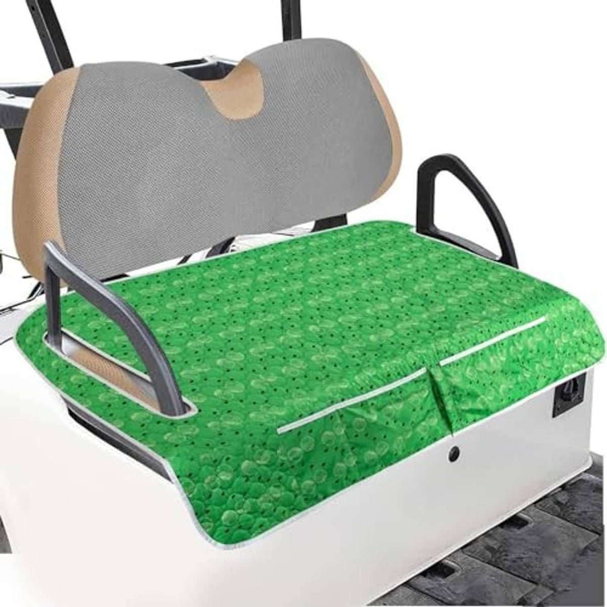 Green seat cover set with textured pattern and matching backrest cover, handle cutouts