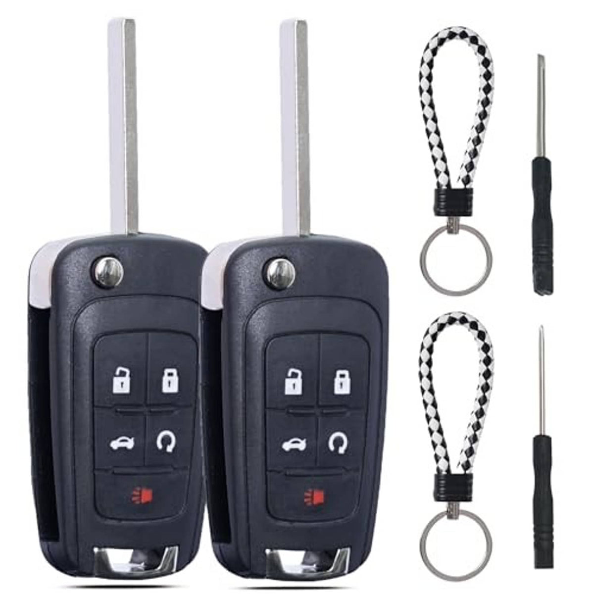 Key fob shell case with 5 buttons, metal key blade, lanyard ring and spare keys set