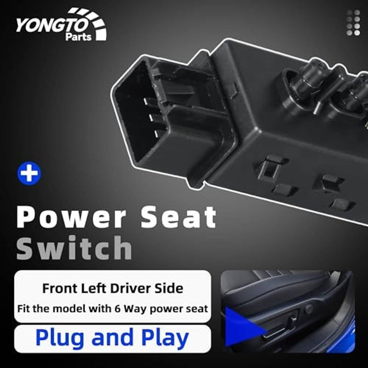 Power seat switch module with visible connector housing and pin posts
