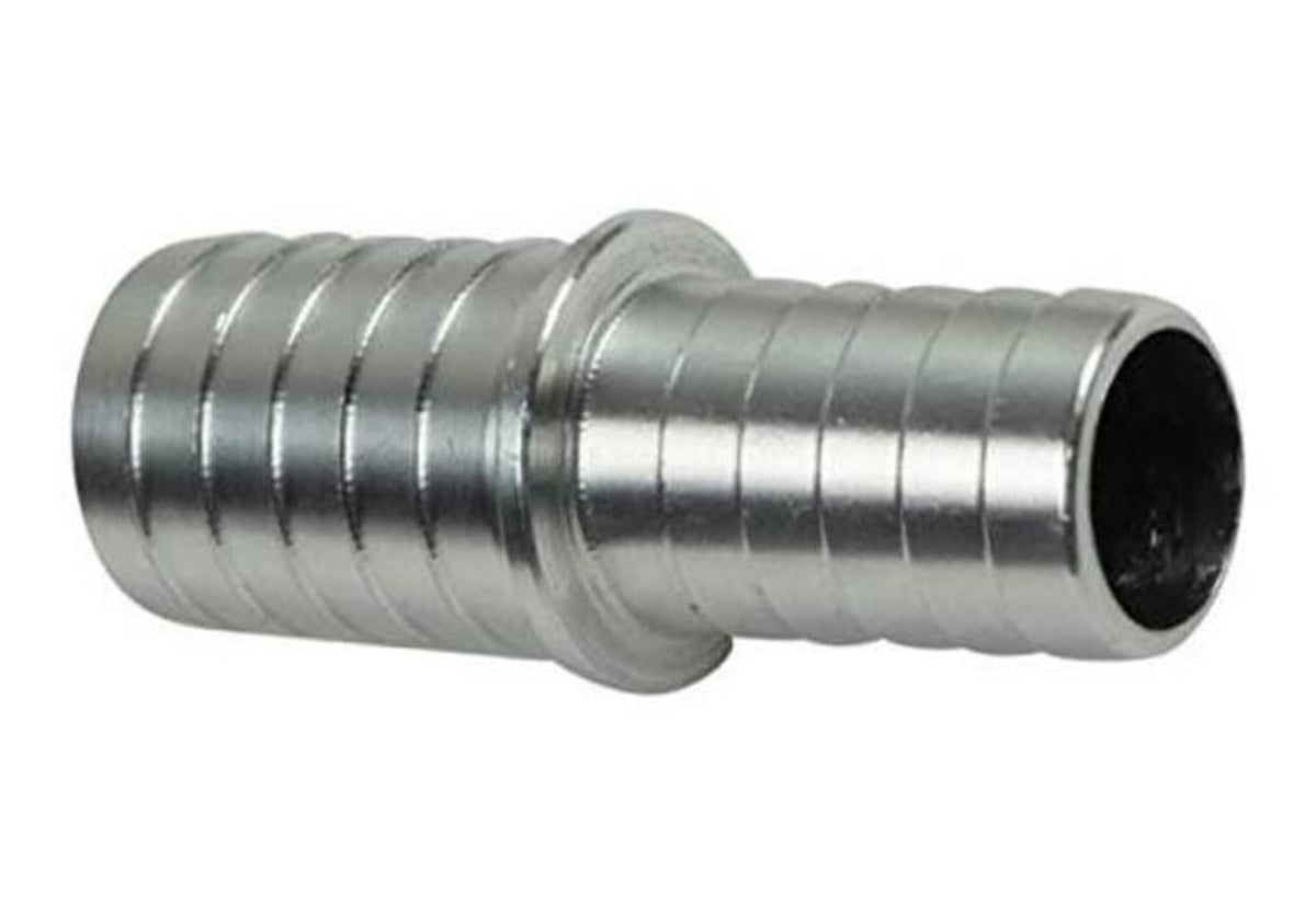 Metal hose barb reducer splice coupler, 5/8 to 1/2 inch, ribbed connector