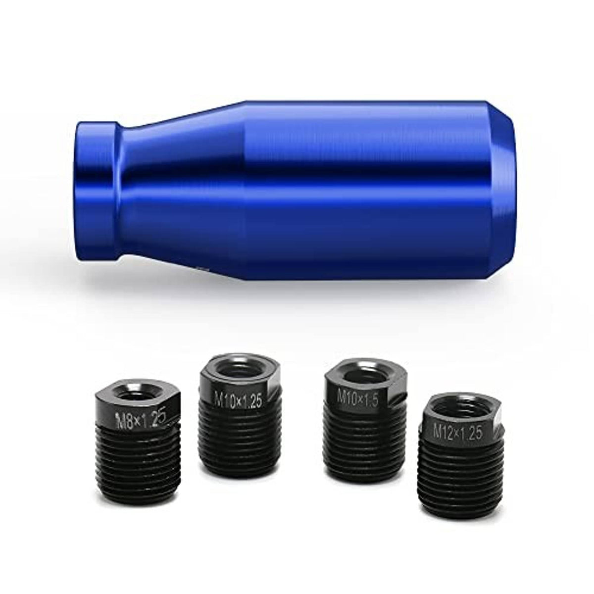 Blue aluminum shift knob with four black threaded insert adapters