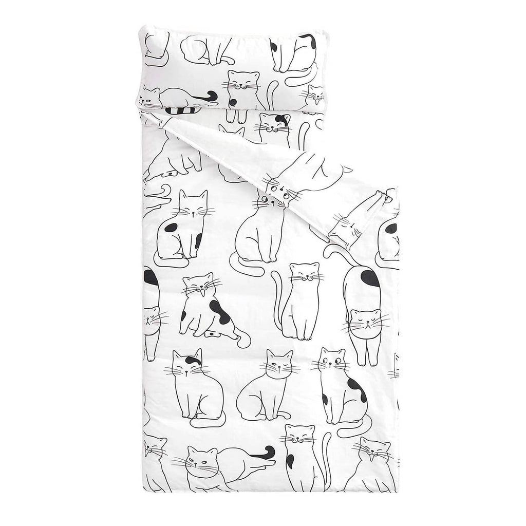Toddler nap mat with black-and-white cat print and attached fold-over cover