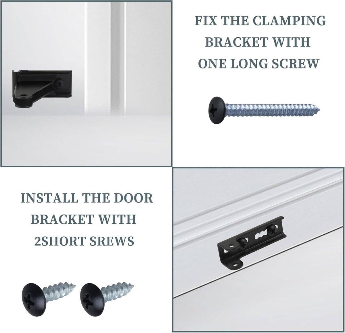 Black storm door bracket with one long mounting screw