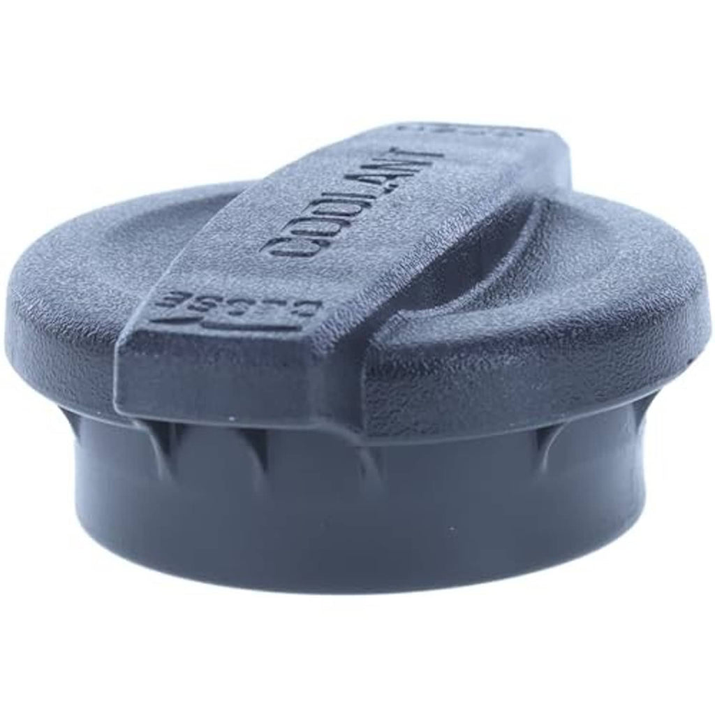 Engine coolant reservoir cap, dark blue, close end view showing molded grip letters and ridges.