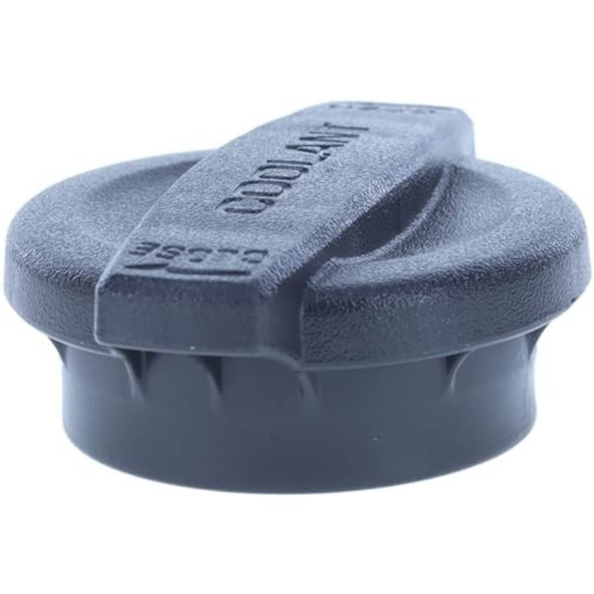 Engine coolant reservoir cap, dark blue, close end view showing molded grip letters and ridges.