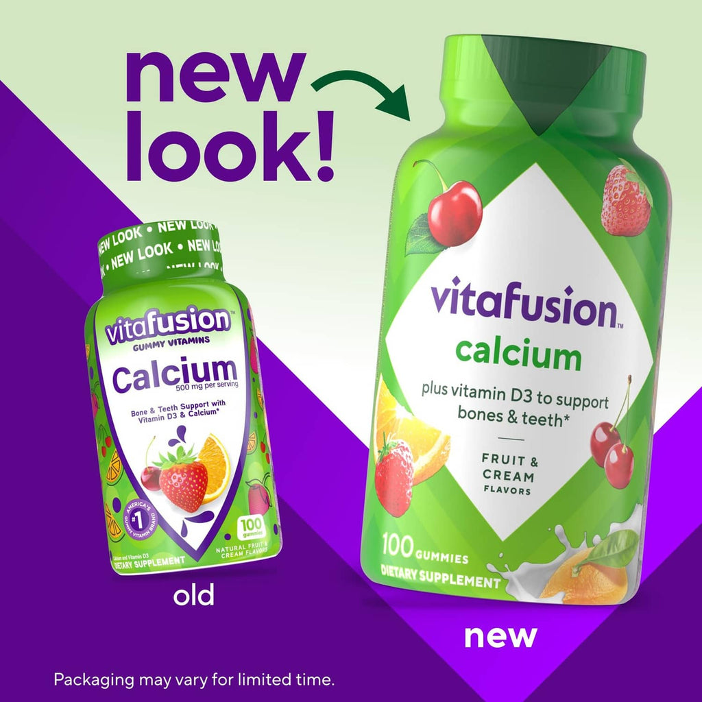 Vitafusion Calcium gummies bottle and small package, fruit & cream flavors, 100 gummies.