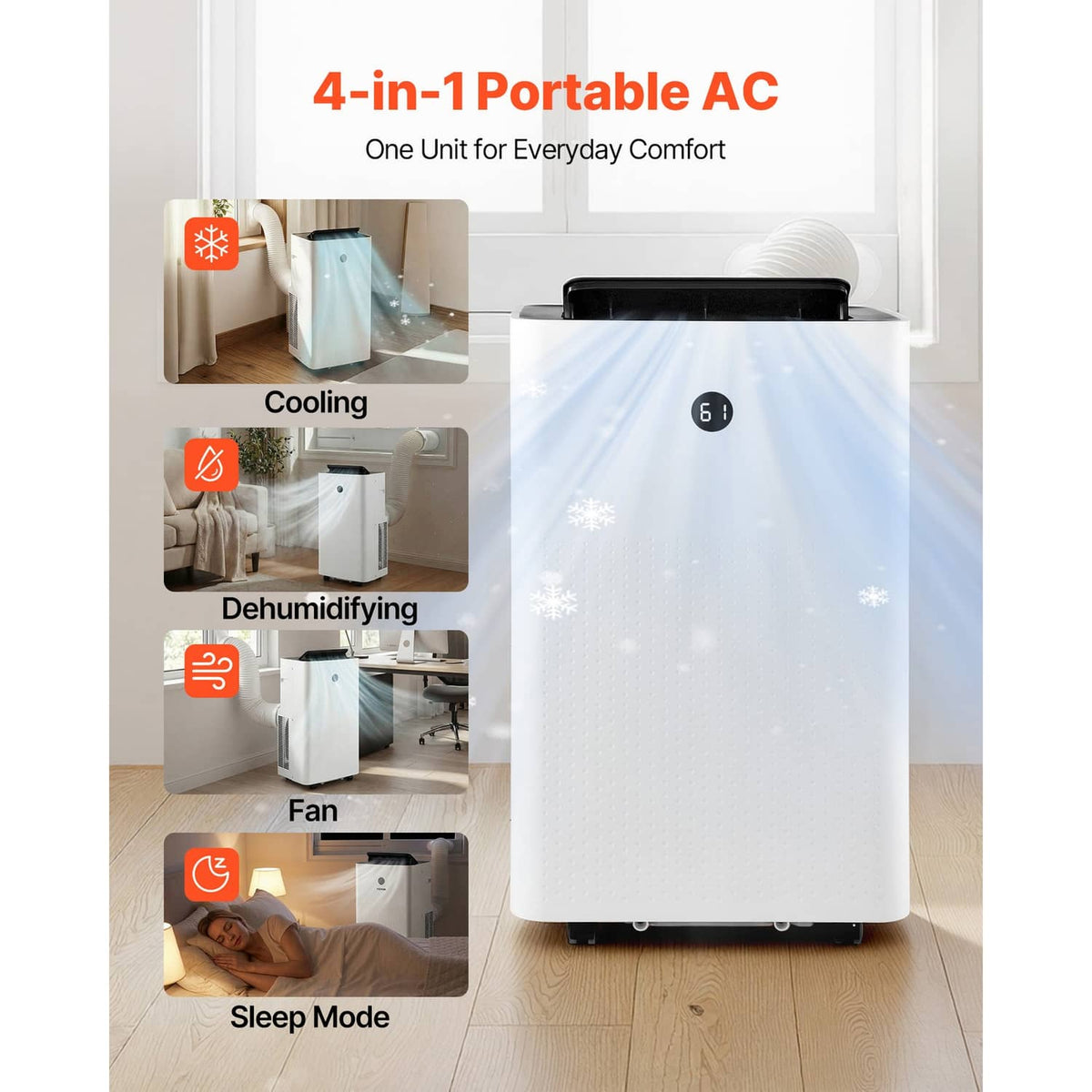 White 4-in-1 portable air conditioner on wheels with visible top control panel