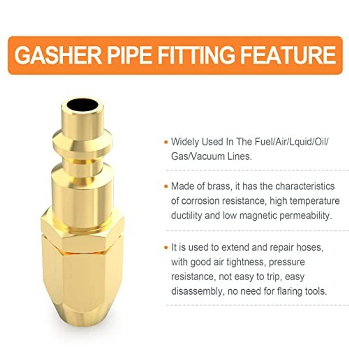 Brass gas line pipe fitting with red-sealed opening and threaded base for hose repair
