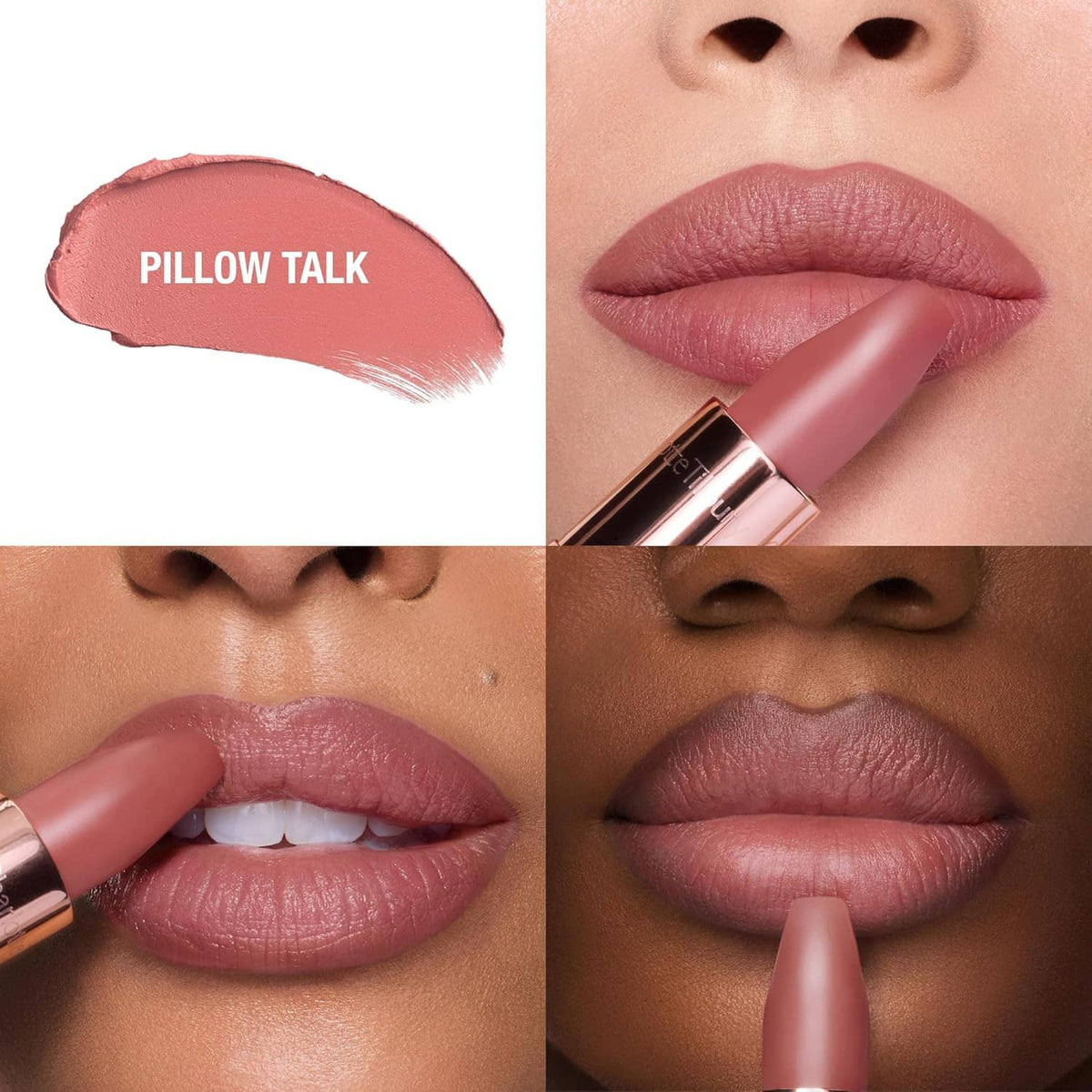 Rose-pink matte lipstick swatch and on lips close-up, smooth matte finish