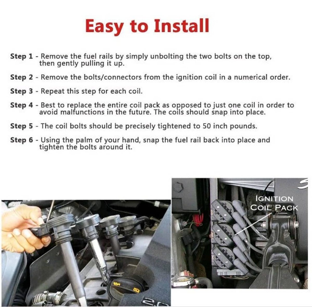 Ignition coil pack installation guide with coils and engine bay components.
