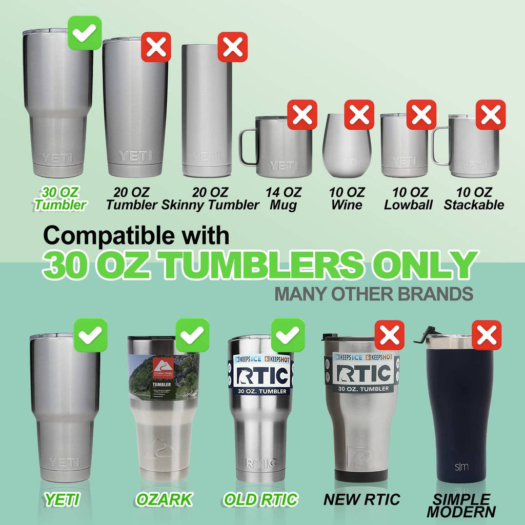 Compatibility graphic showing two replacement clear lids for 30 oz tumblers only