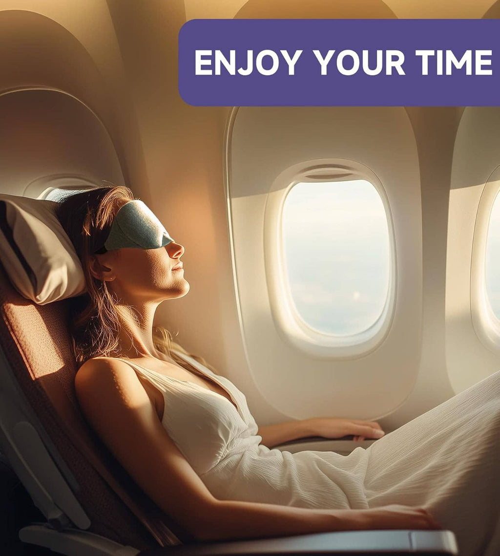 Gray sleep eye mask worn on a person reclining
