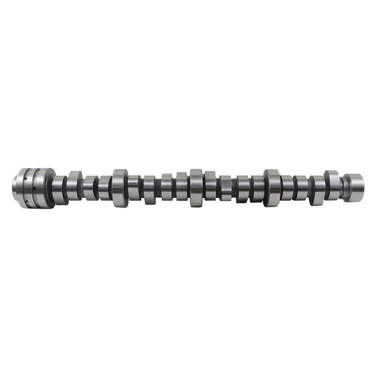 Metal camshaft with multiple lobes and raised bearing sections on a long bar
