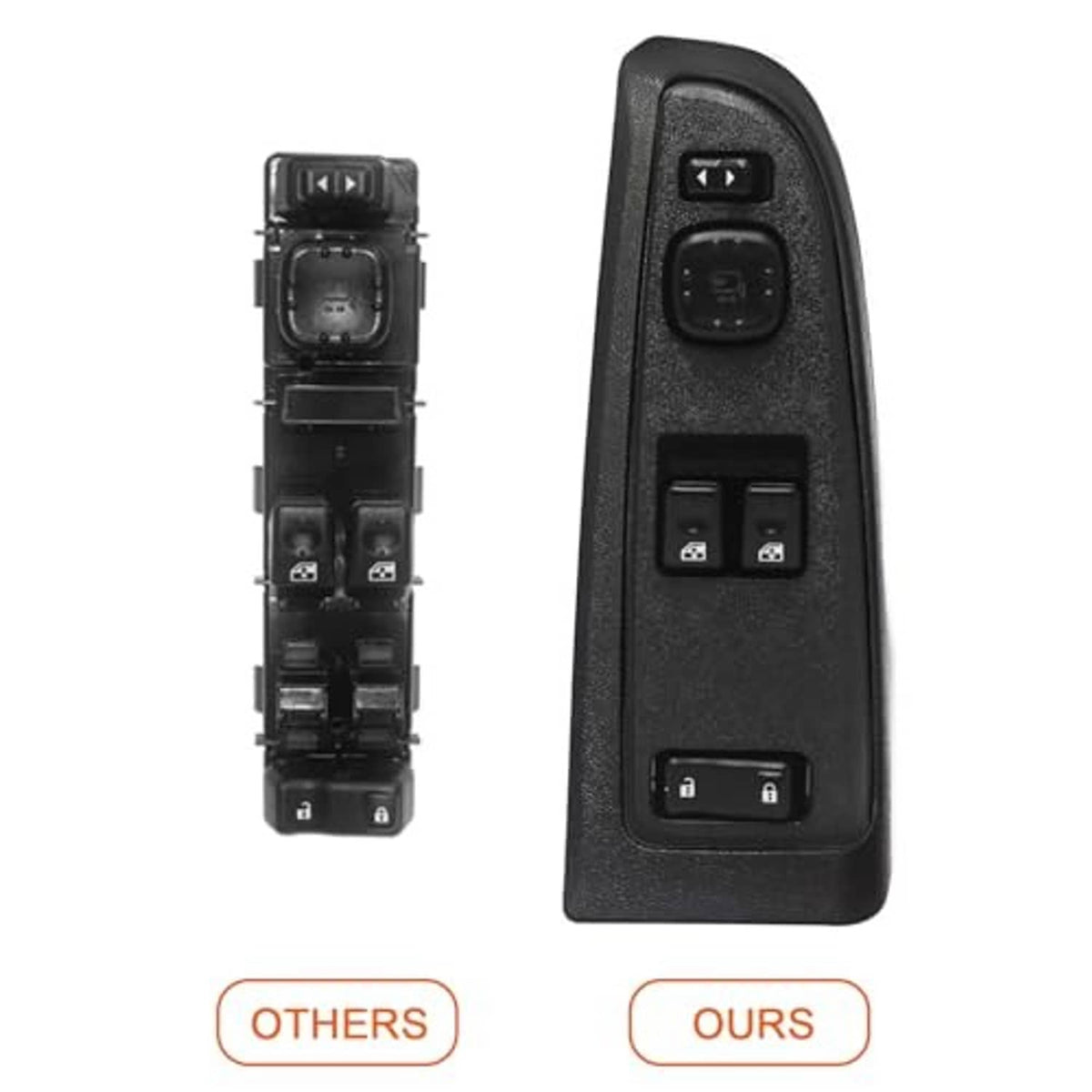 Black power window switch with bezel, showing front controls and rear mounting assembly