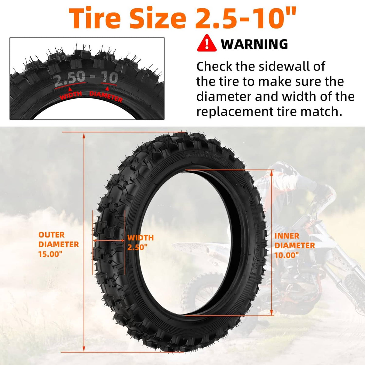 Knobby off-road tire with inner tube, black tread and sidewall view