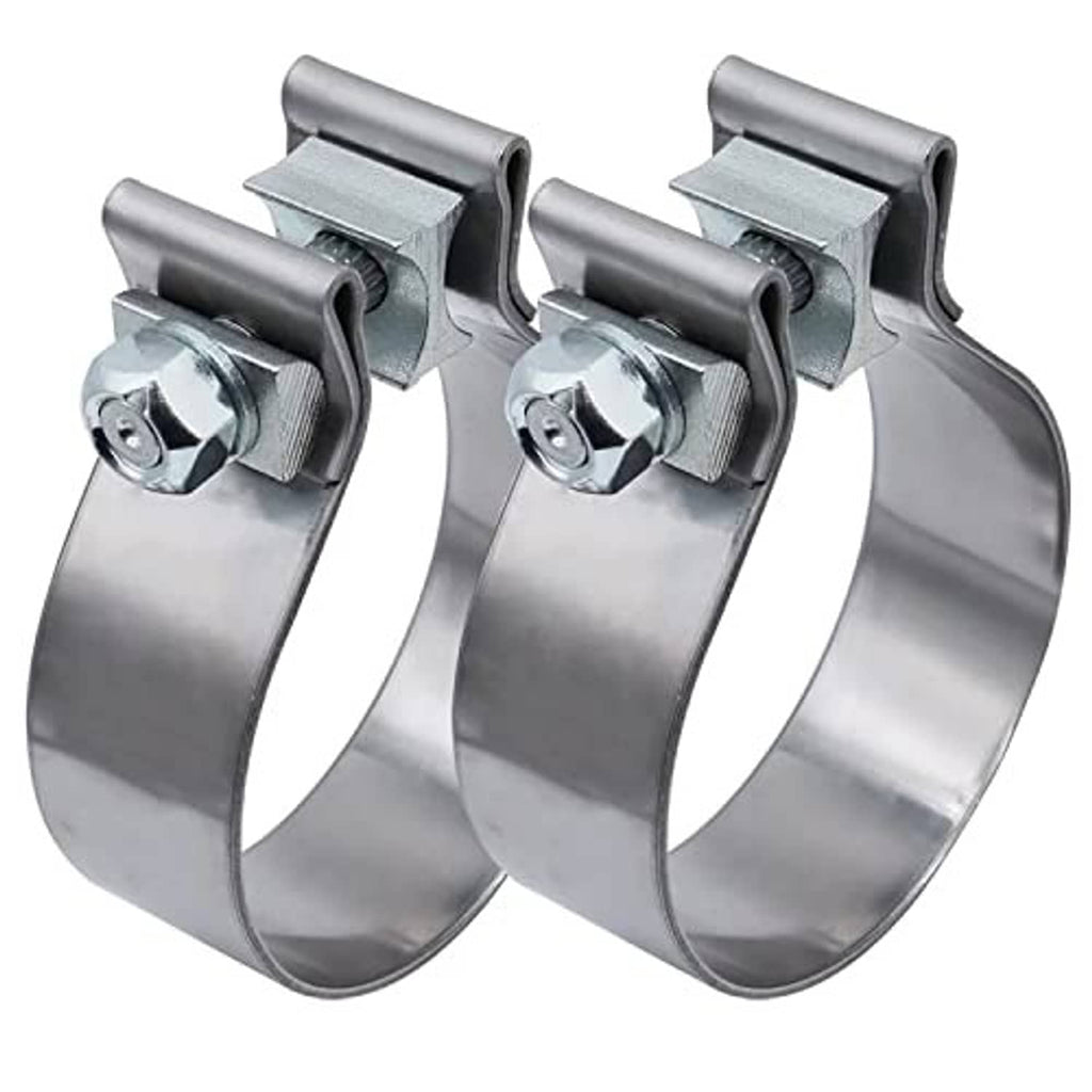 Stainless 2.5 in narrow band exhaust clamps, side view showing bolt heads