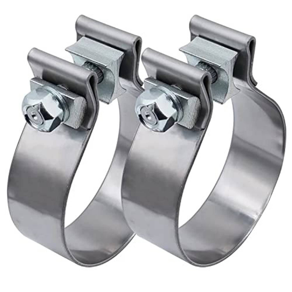 Stainless 2.5 in narrow band exhaust clamps, side view showing bolt heads