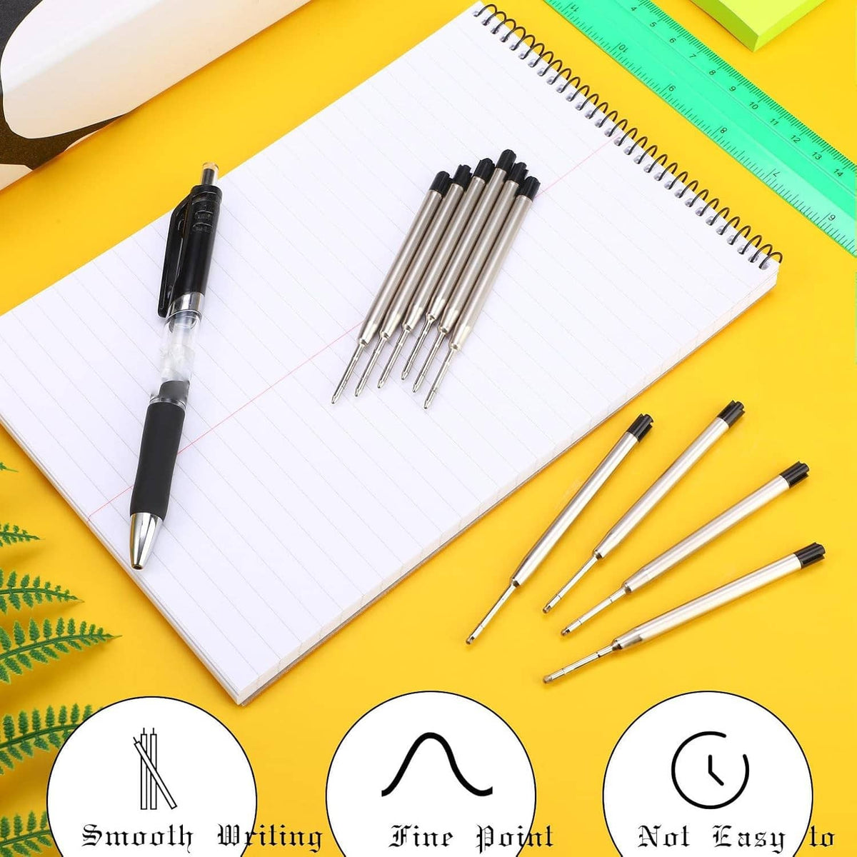 Black-ink ballpoint pen refills with metallic barrels and 1.0mm tips, 12-pack