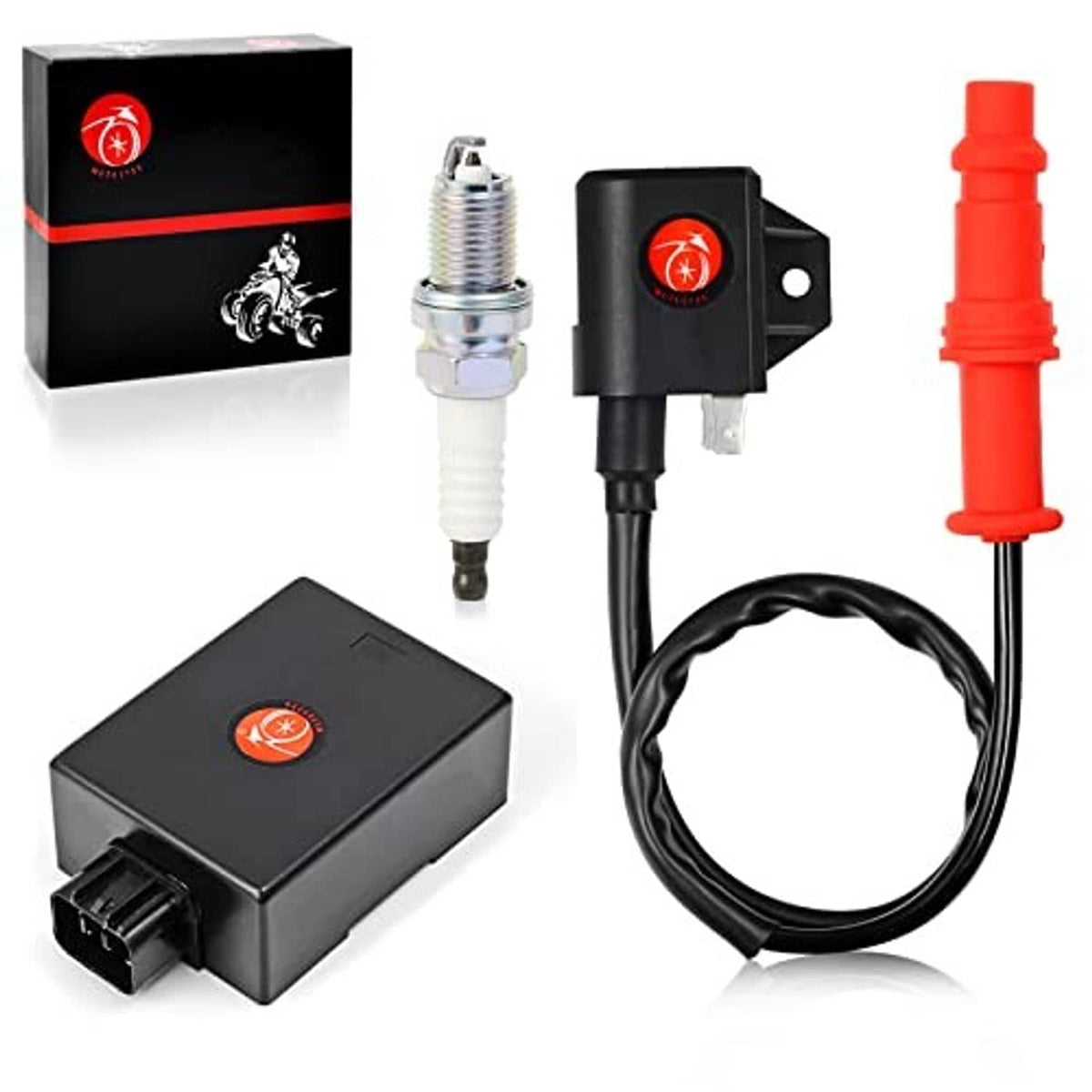 Ignition coil, spark plug, and CDI box kit with black wiring harness
