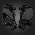 Pair of black motorcycle front fairing storage glove boxes with mounting brackets and fasteners