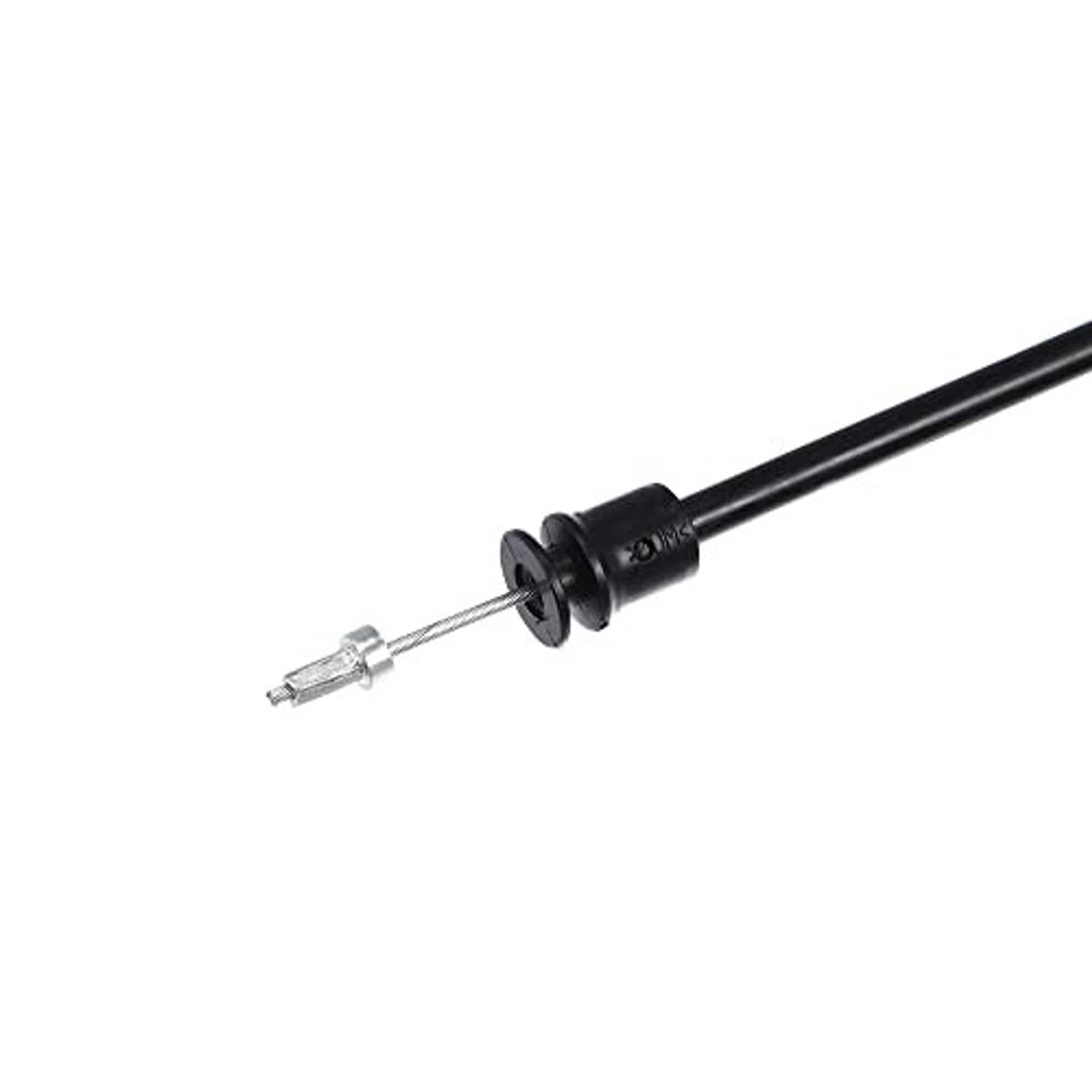 Black cable end with metal pin connector and protective rubber boot