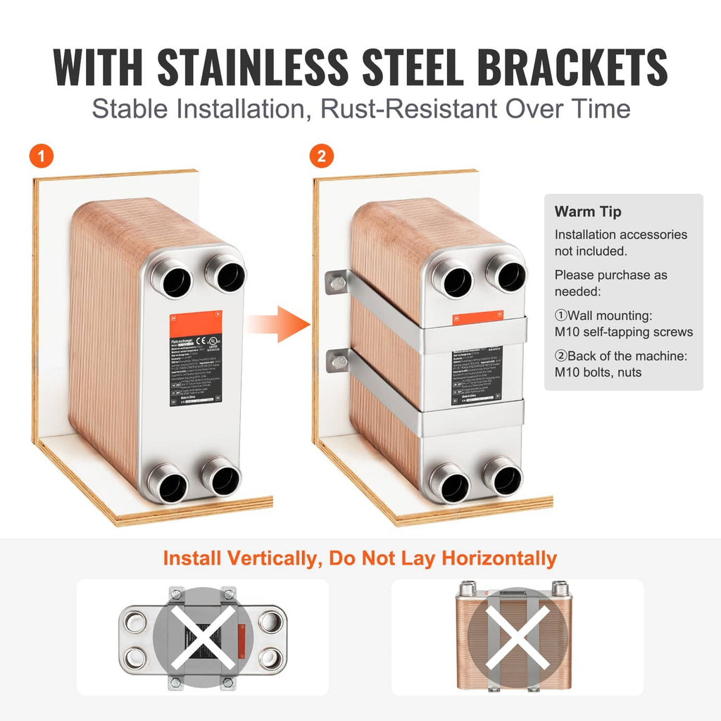 Brazed plate heat exchanger with stainless mounting brackets, vertical installation