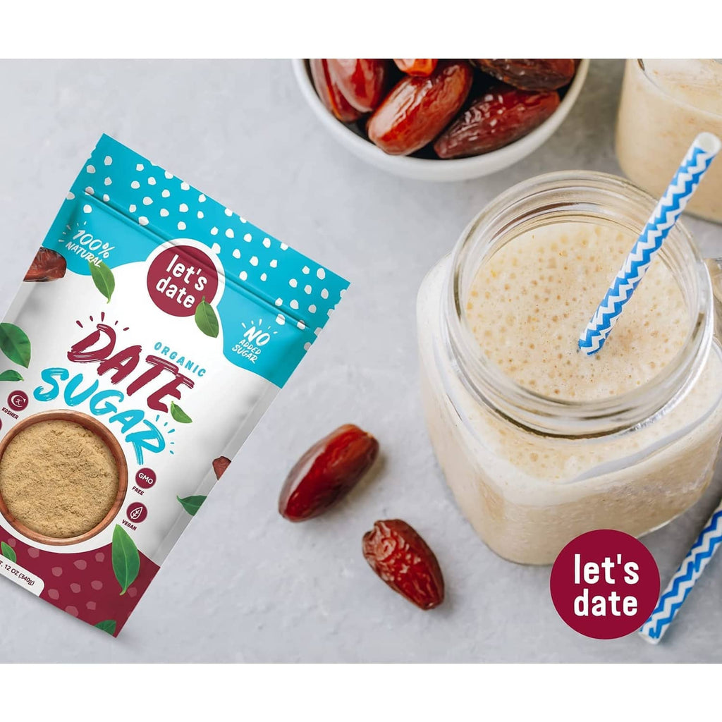 Organic date sugar pouch with jar of date sugar and whole dates