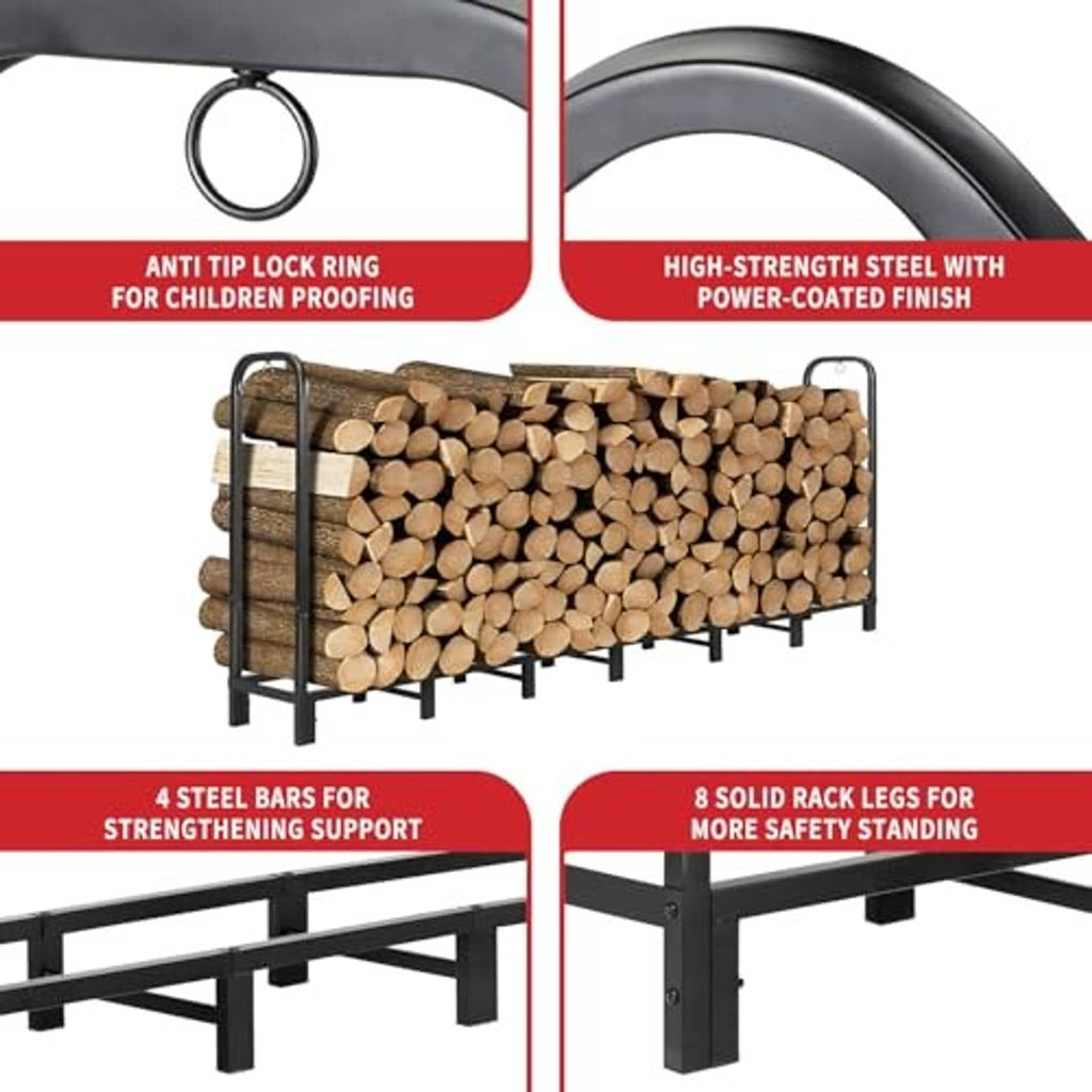 Black firewood rack with anti-tip lock ring, four steel bars, and side rails
