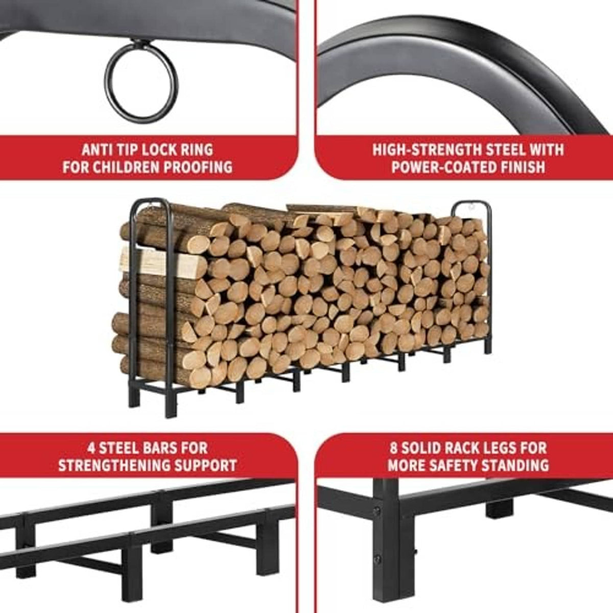 Black firewood rack with anti-tip lock ring, four steel bars, and side rails