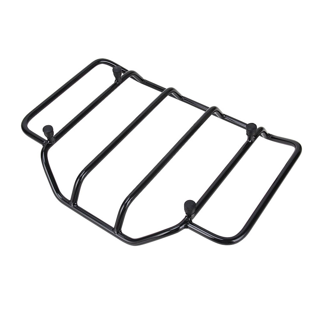 Black tubular luggage rack with curved side rails and slotted top support bars.