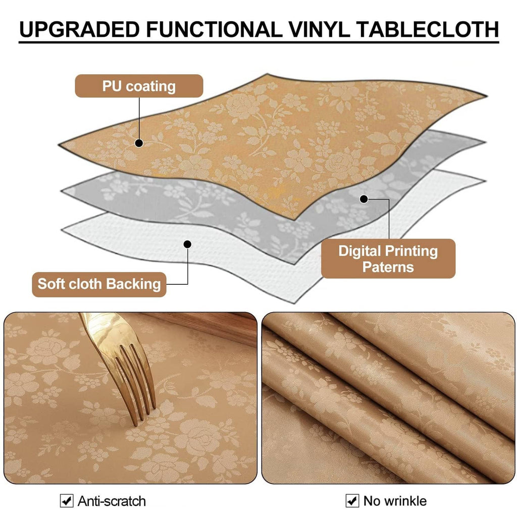 Beige floral round vinyl tablecloth with soft backing, digital pattern and smooth surface