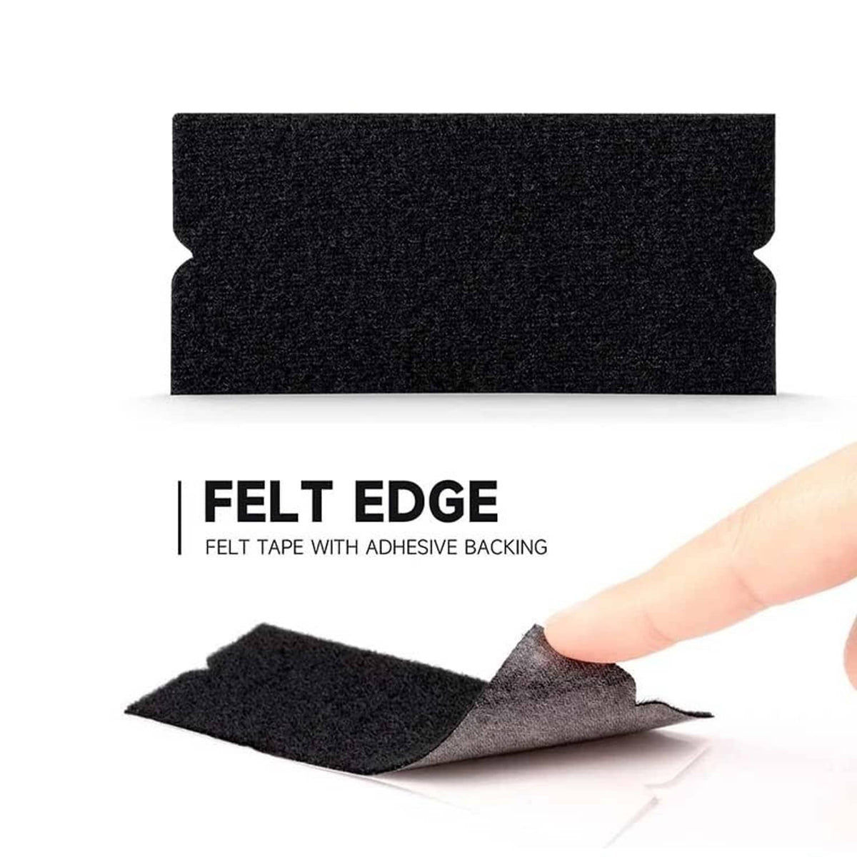 Black felt edge replacement tape with adhesive backing, backing being peeled