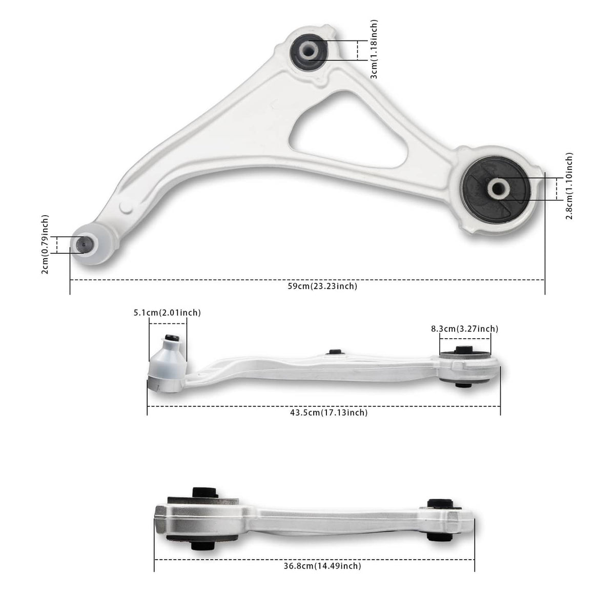 White front lower control arm with black bushing and ball joint, side view