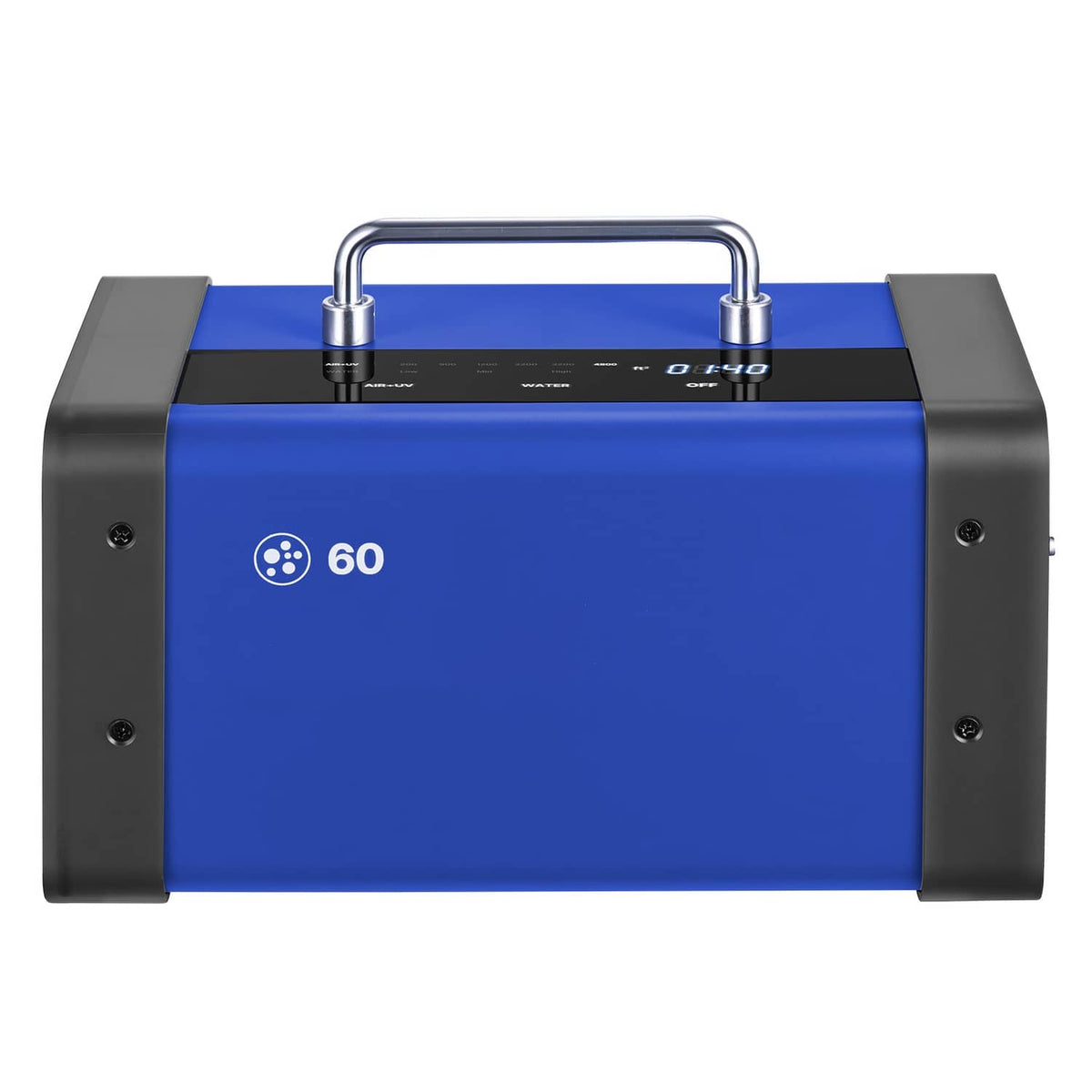 Front view blue commercial ozone generator with carry handles and control strip
