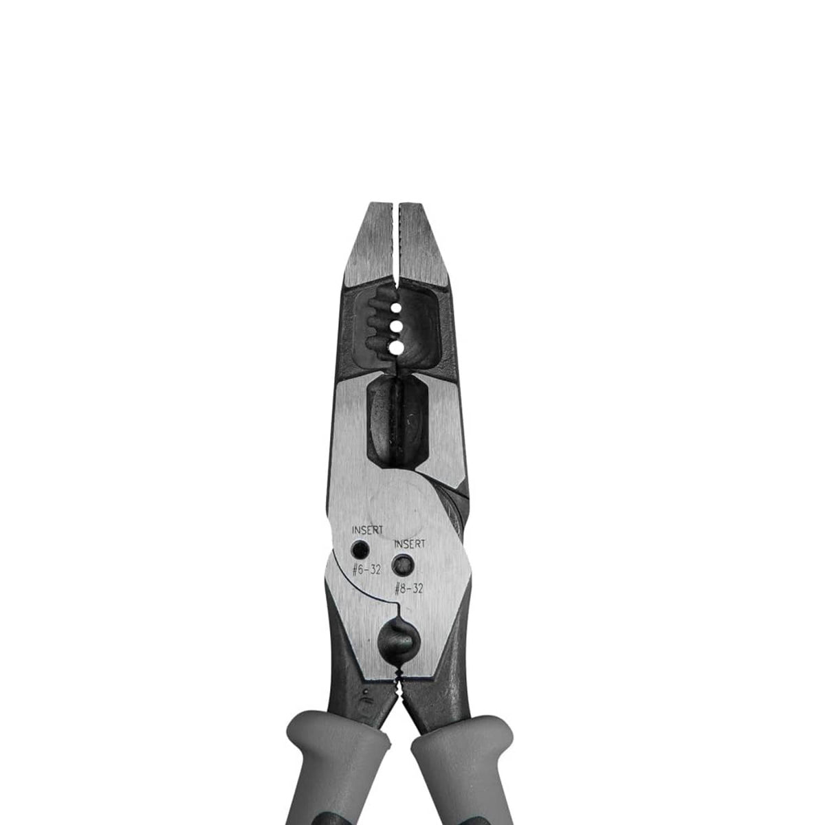 Front view of hybrid multitool pliers with gray/black handles and inscribed jaw controls