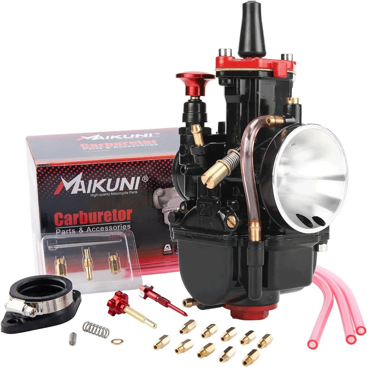 21mm motorcycle carburetor kit with red/black housing and round air intake bell