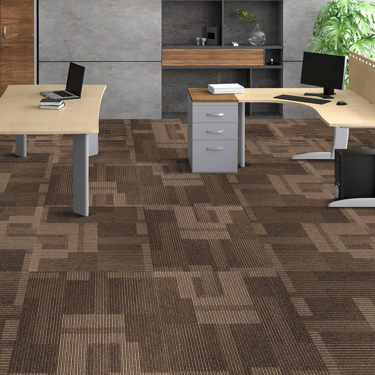 Brown carpet tile flooring with mixed square pattern across the surface