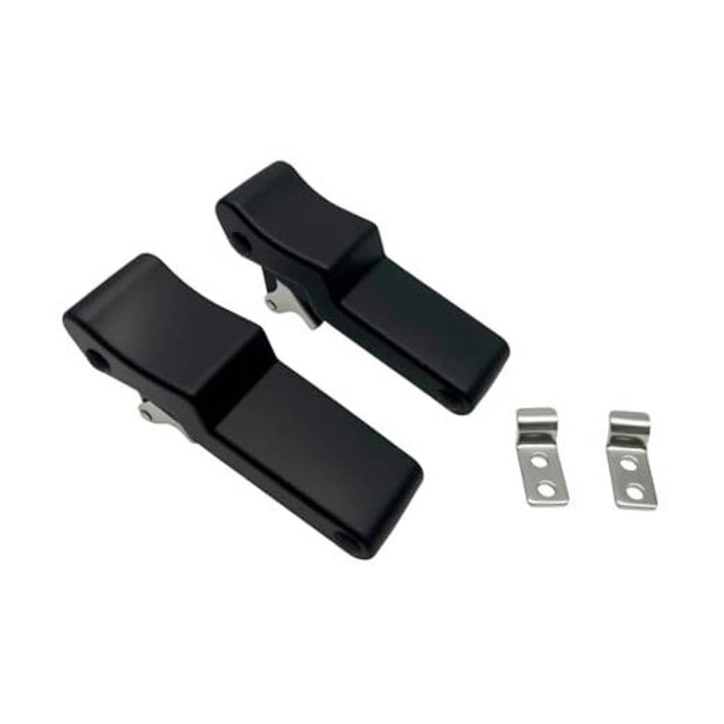 Black rubber latch set with two metal mounting brackets for front storage rack