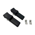 Black rubber latch set with two metal mounting brackets for front storage rack