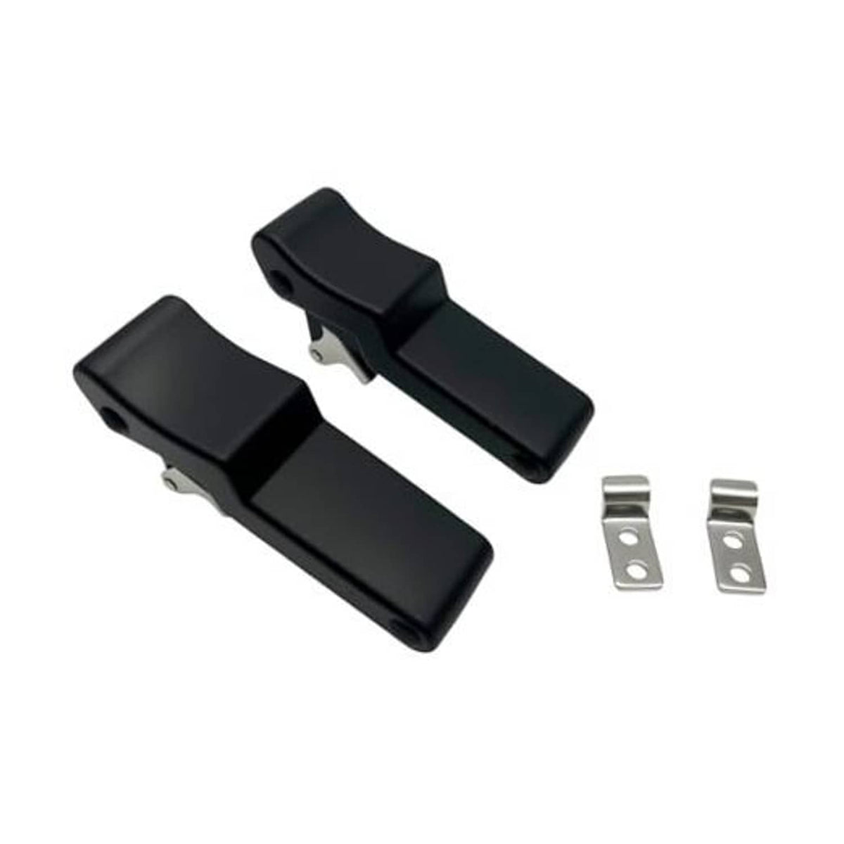Black rubber latch set with two metal mounting brackets for front storage rack