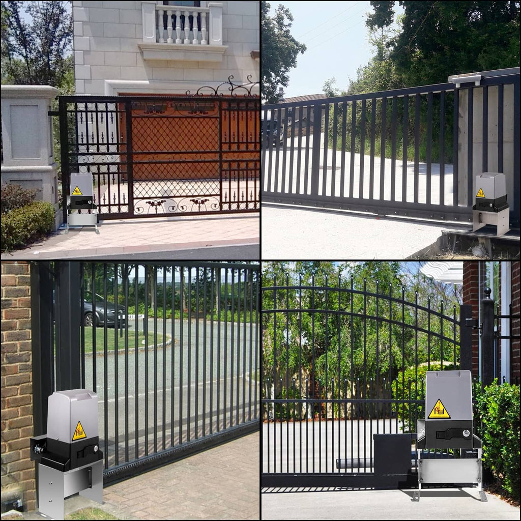Automatic sliding gate opener installed on a sliding metal gate track