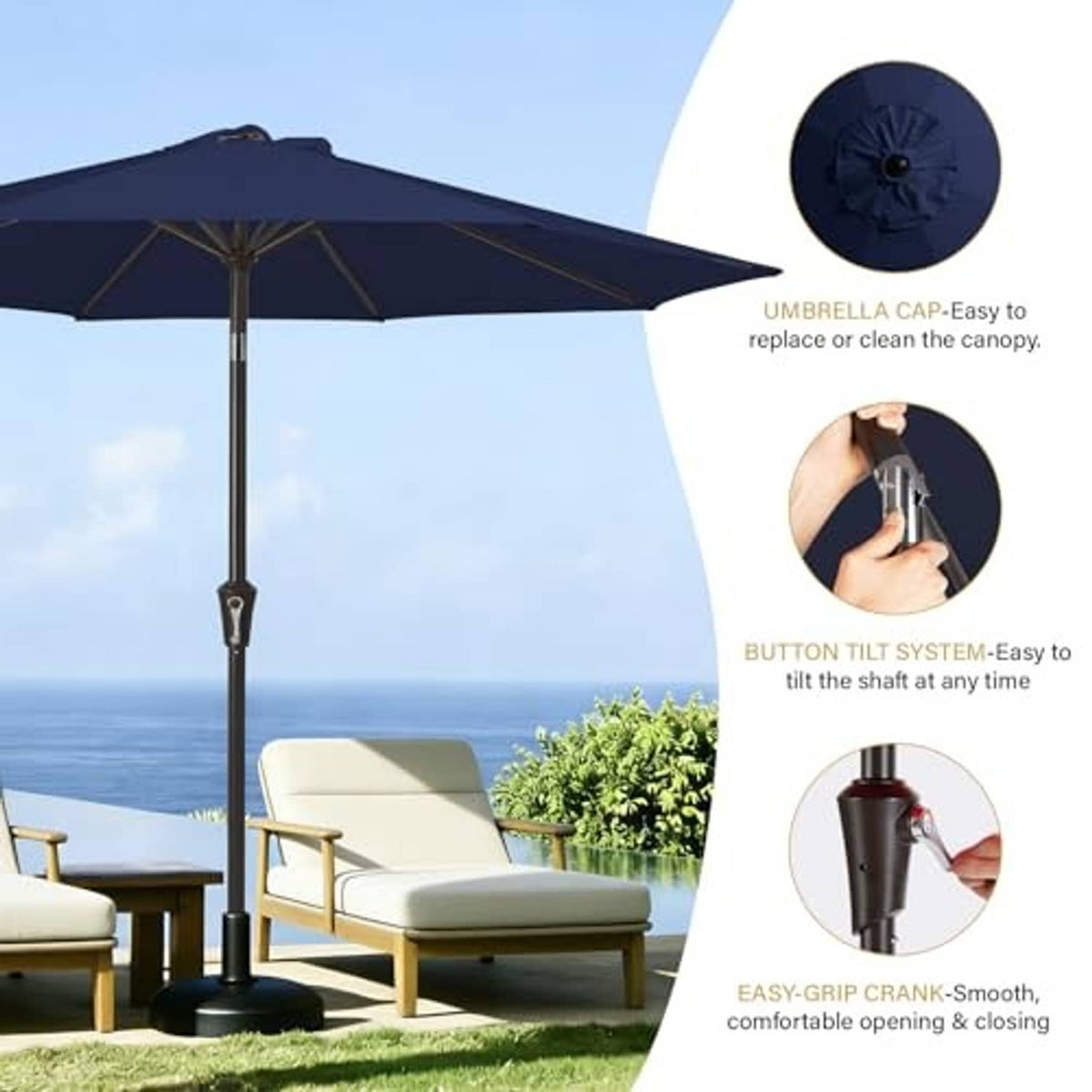 Navy patio umbrella with cap and push-tilt knob, straight center pole