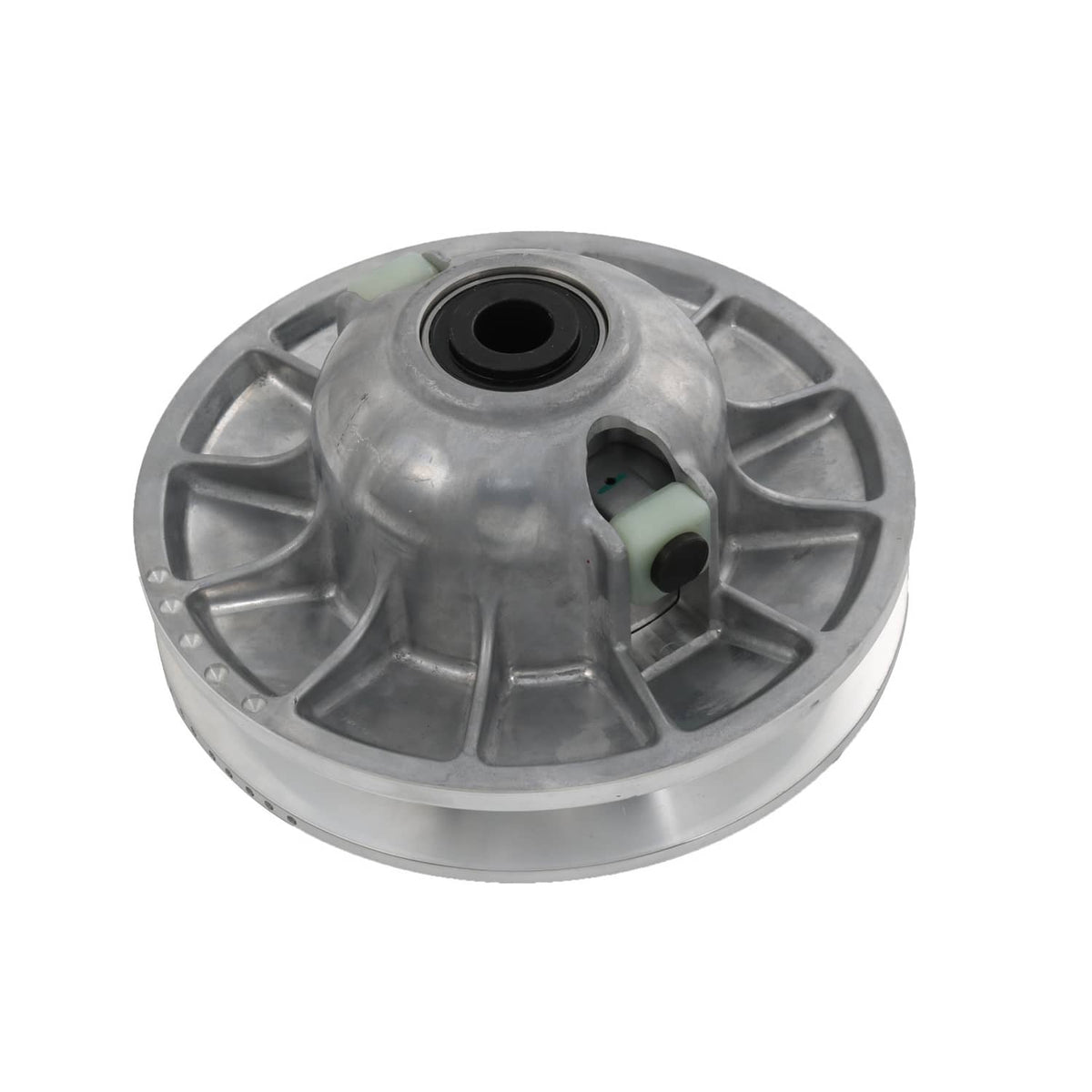 Secondary driven clutch sheave, silver metal with central black bearing opening