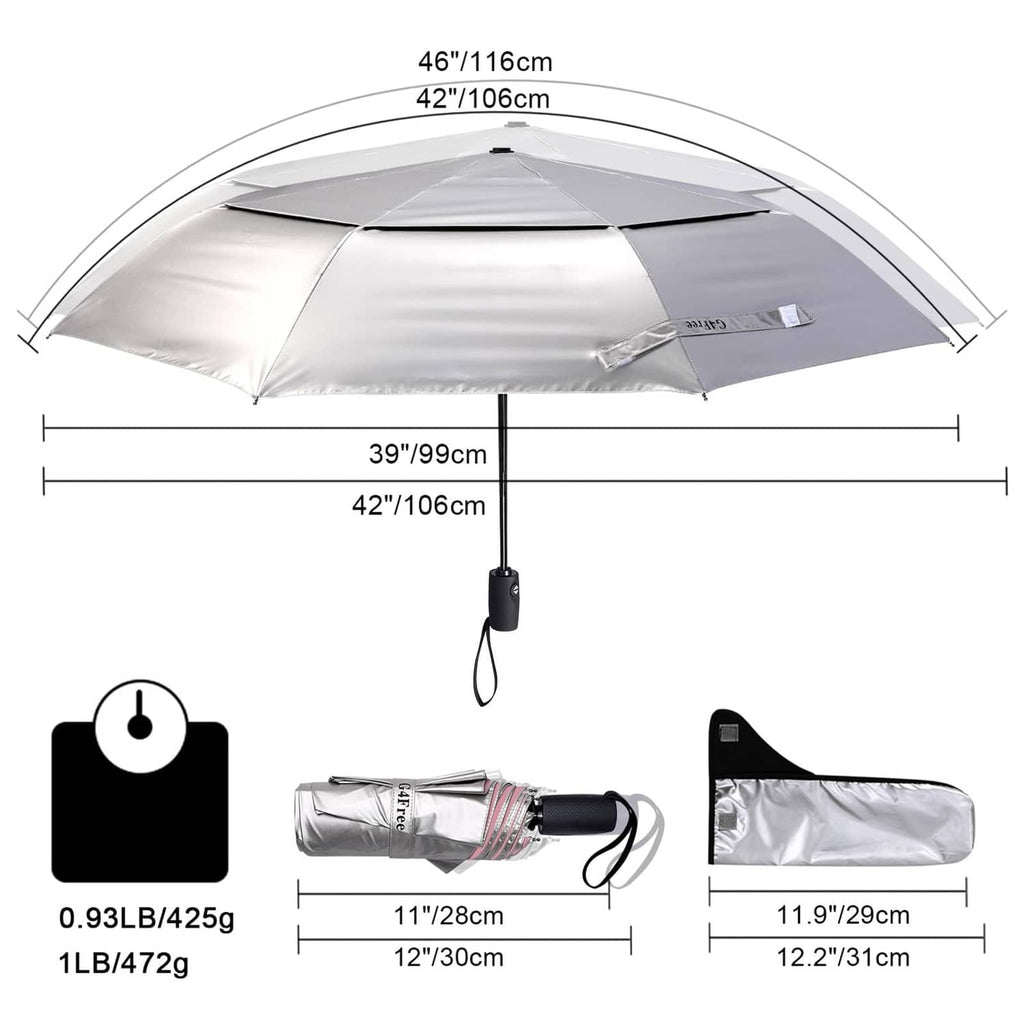 Folded silver travel umbrella with black handle and matching storage sleeve