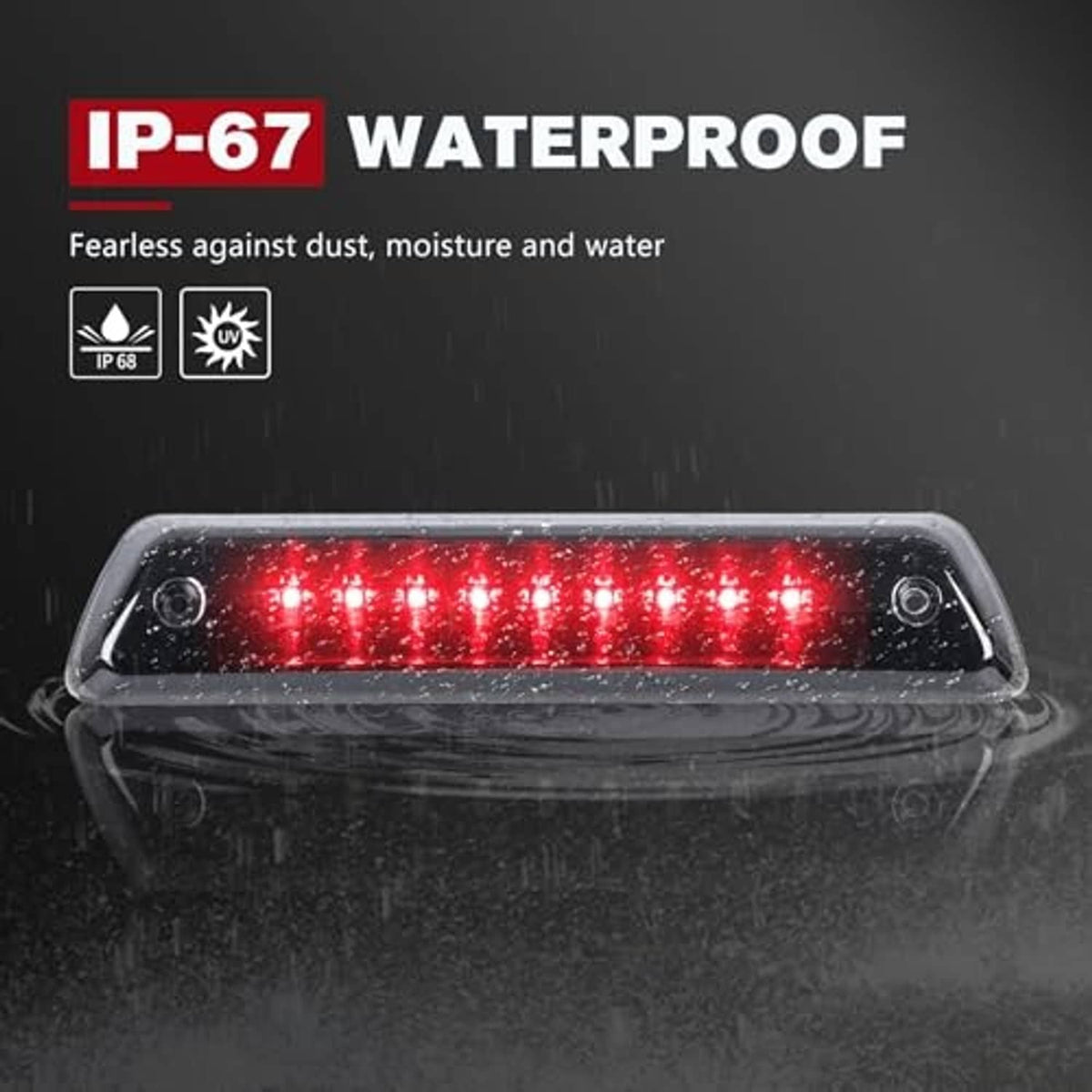 Smoked LED third brake light bar with red LEDs glowing, IP-67 waterproof close-up